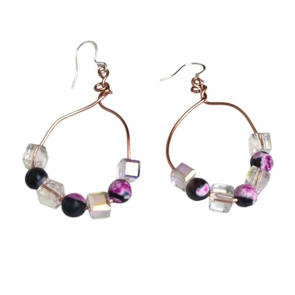 Natural Stone Rose Red Fire Agate Cooper Crystal Hoop Earring Beads Crystals - Picture 4 of 4